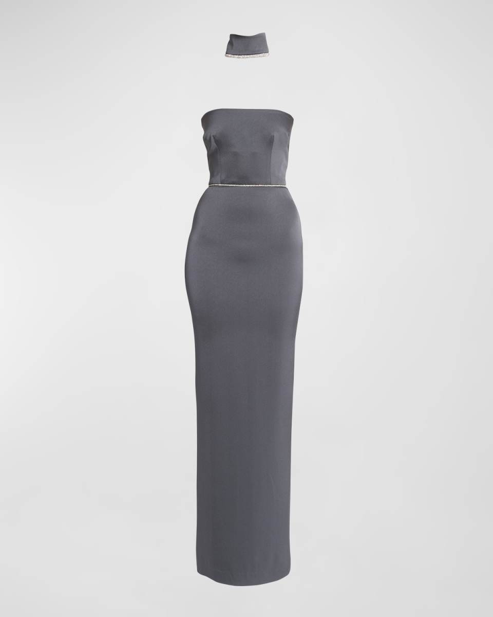 Crystal Trimmed Choker Strapless Satin Column Gown