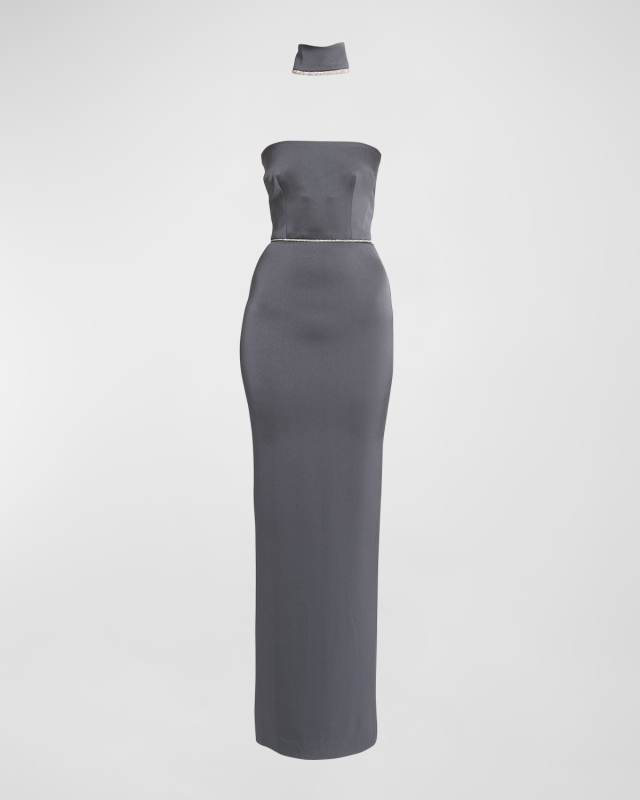 Crystal Trimmed Choker Strapless Satin Column Gown