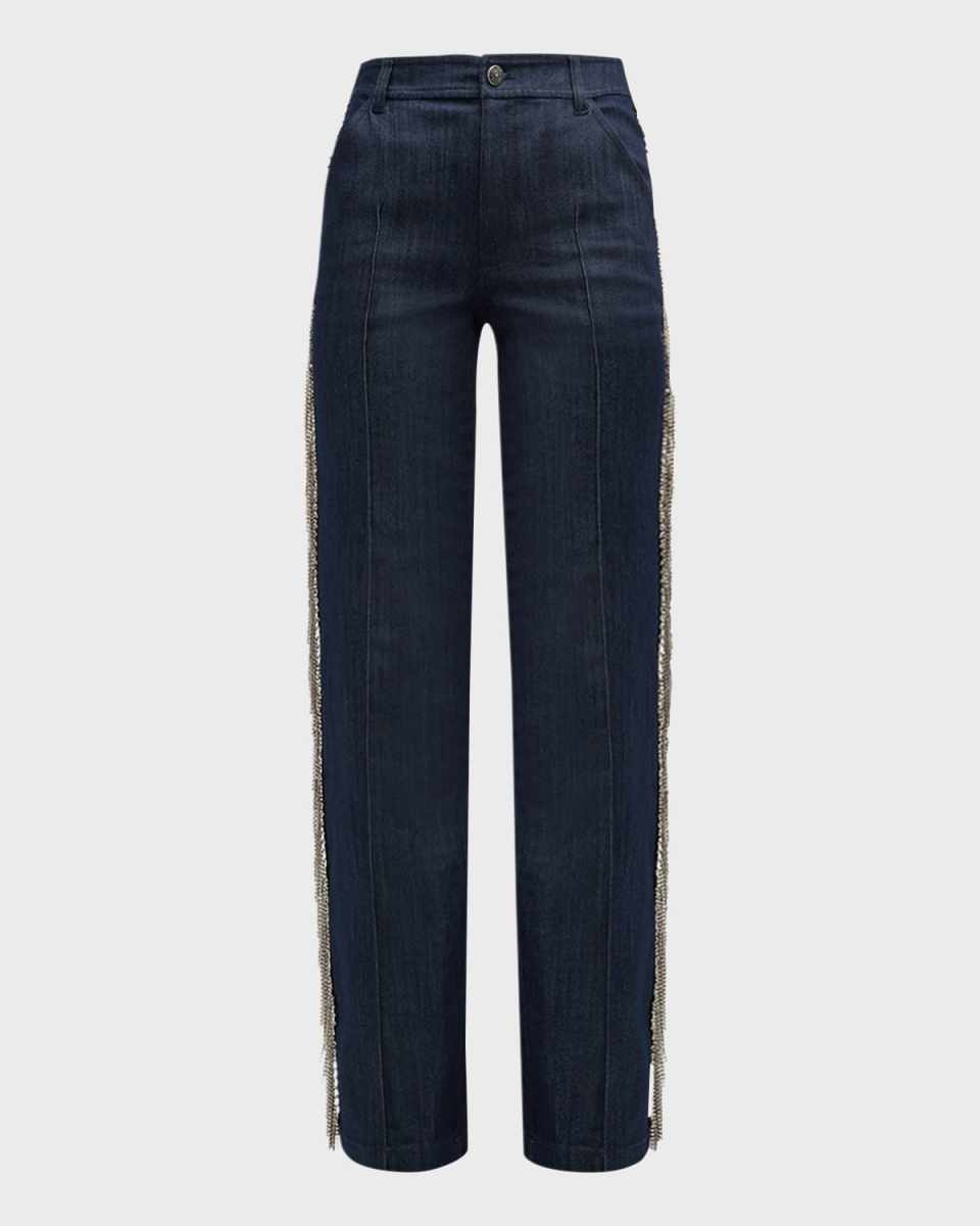 Dara Rhinestone Straight-Leg Denim Pants