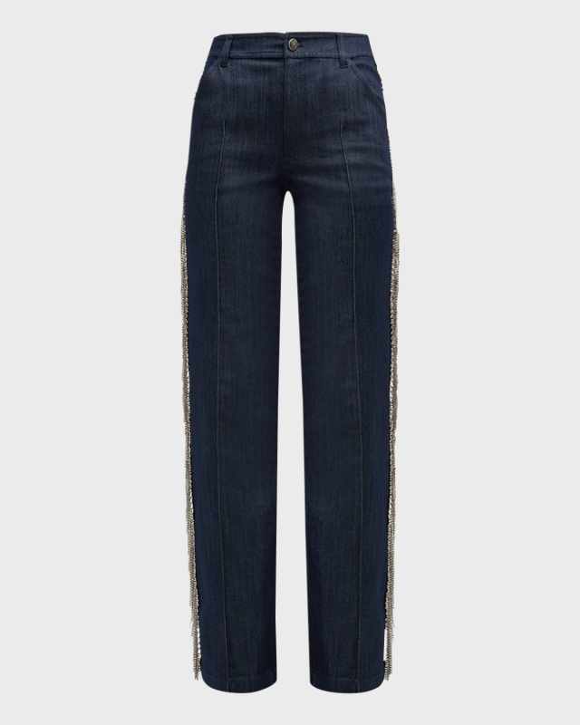 Dara Rhinestone Straight-Leg Denim Pants