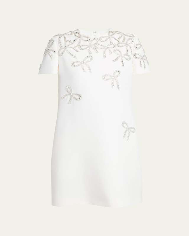 Embroidered Falling Bow Short-Sleeve Mini Dress