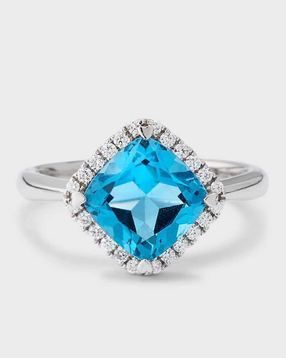 Rocks 18K White Gold Petite Cushion Cut Swiss Blue Topaz and Diamond Halo Cocktail Ring, Size 6