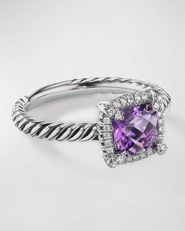 7mm Petite Chatelaine Pave Bezel Ring with Gemstone and Diamonds in Silver