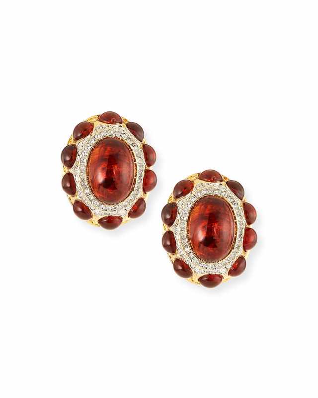 Cabochon Crystal Clip Earrings, Tortoise