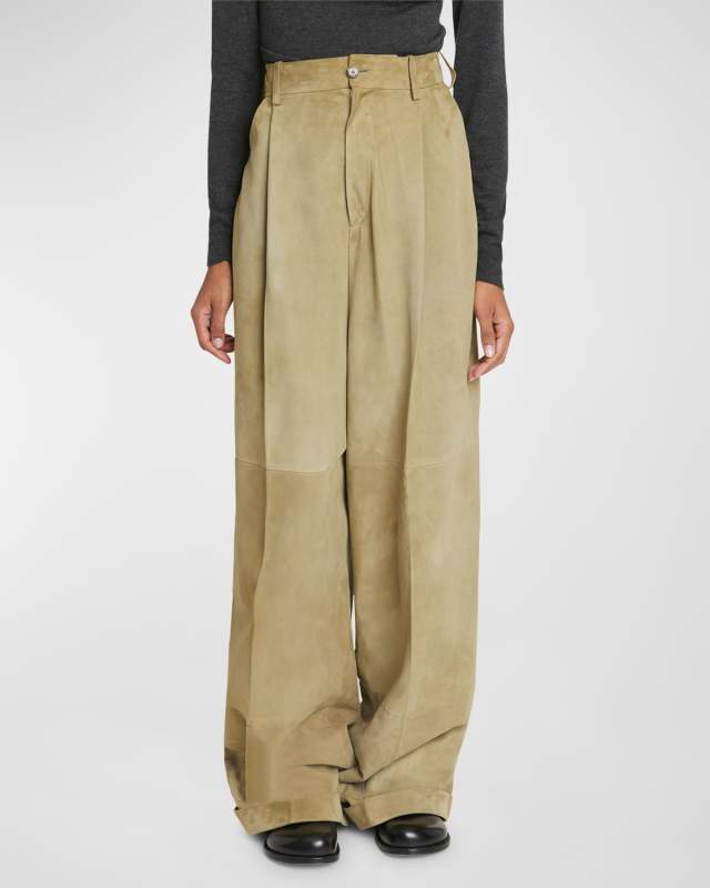 Suede Pleated Wide-Leg Trousers