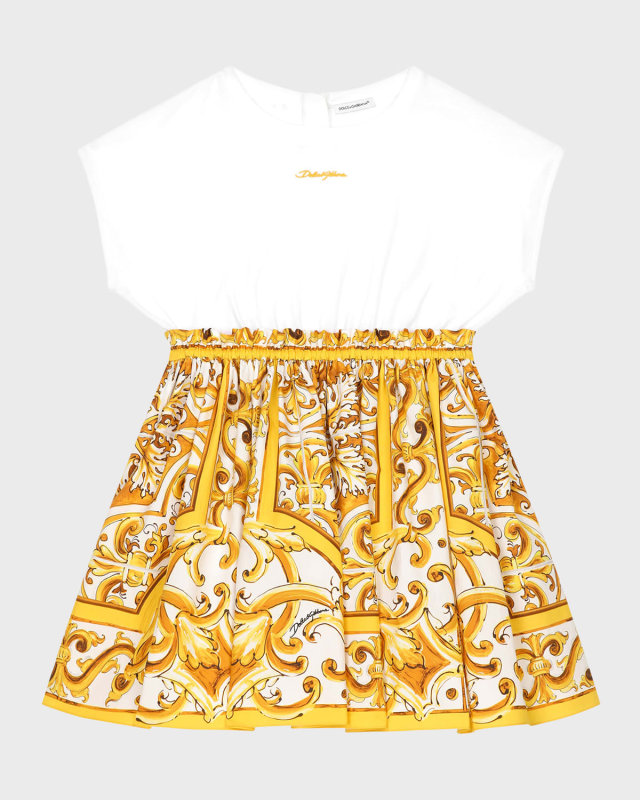 Girl's Logo-Print Maiollica-Print Combo Dress, Size 8-14