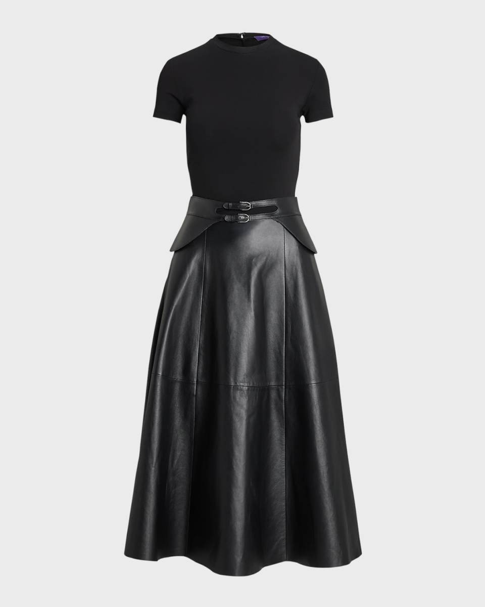 Mixed-Media Leather Knit Short-Sleeve Midi Dress