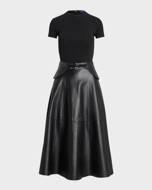 Mixed-Media Leather Knit Short-Sleeve Midi Dress