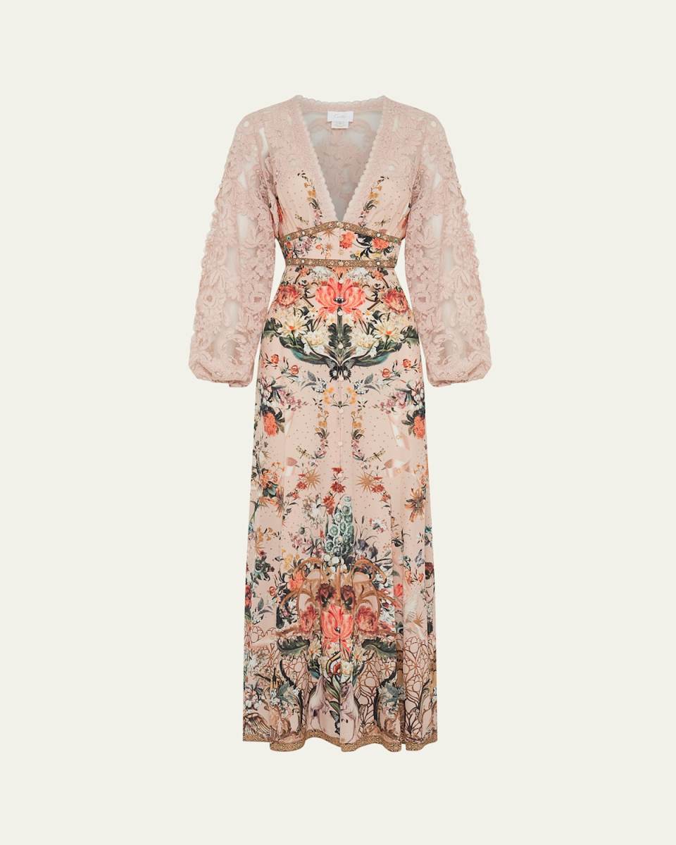 Lace-Sleeve Silk Button-Front V-Neck Maxi Dress