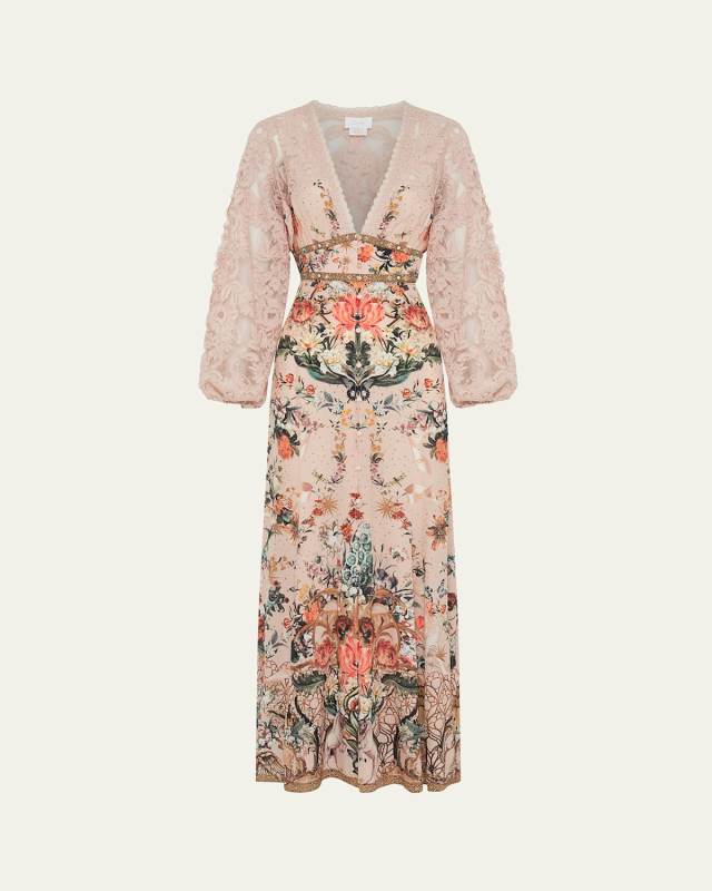 Lace-Sleeve Silk Button-Front V-Neck Maxi Dress