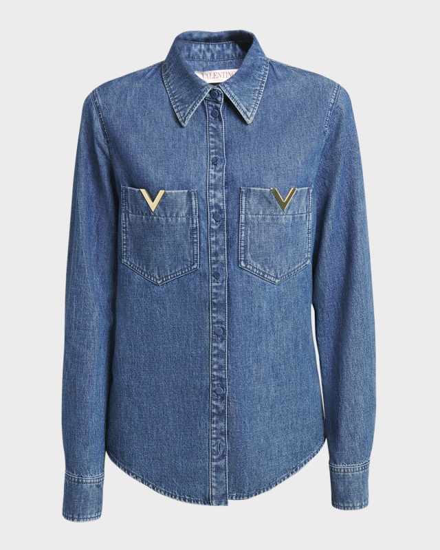 Denim Button-Front Shirt with Logo Pocket Detail