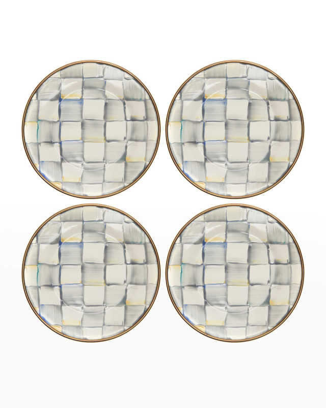 Sterling Check Enamel Canape Plates, Set of 4