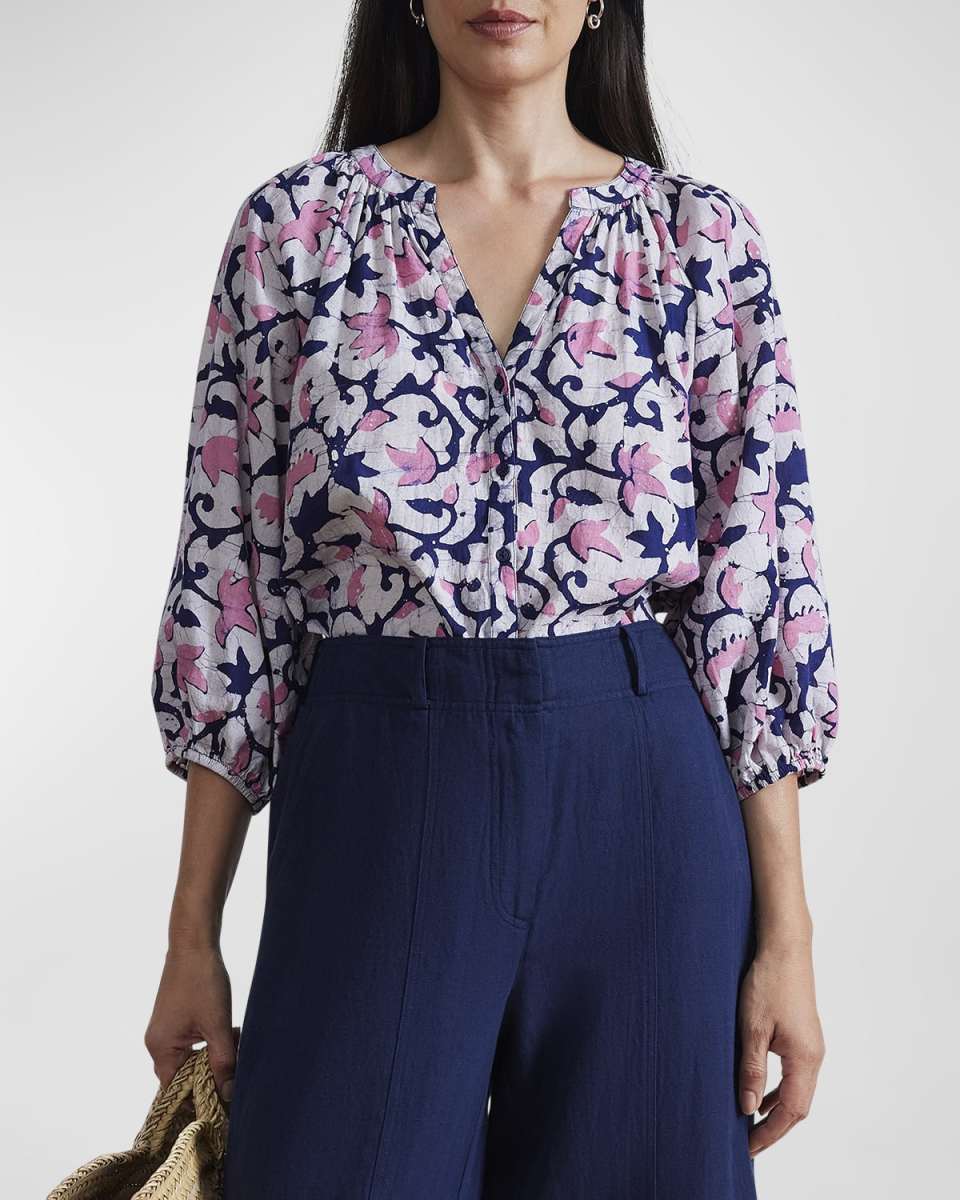 Mitte Ruched Floral-Print Cotton Top