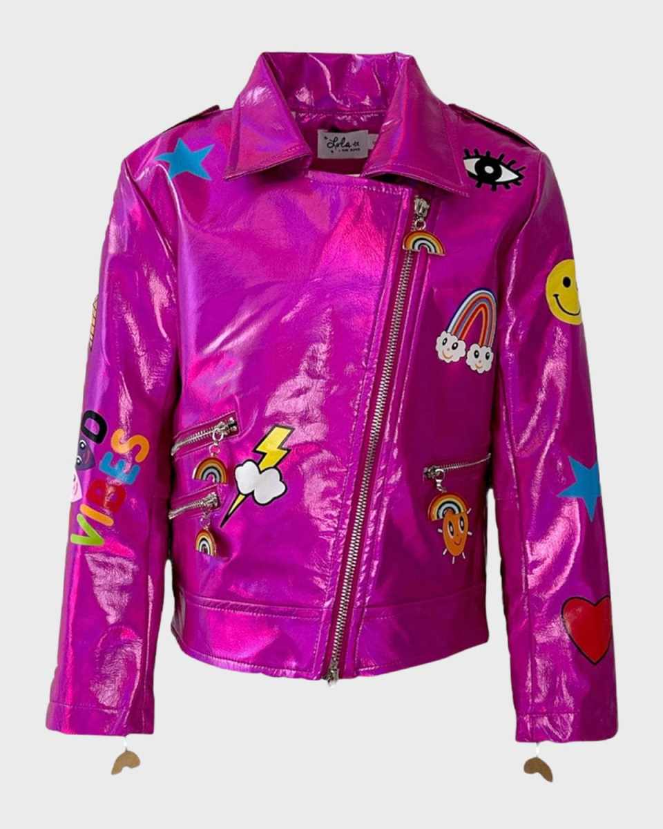 Girl's Metallic Moto Jacket W/ Patches, Size 2-14