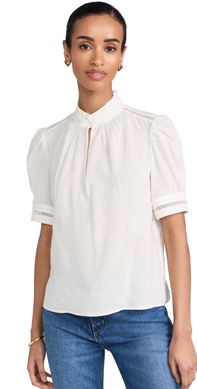 FRAME Ruffle Collar Inset Lace Top White