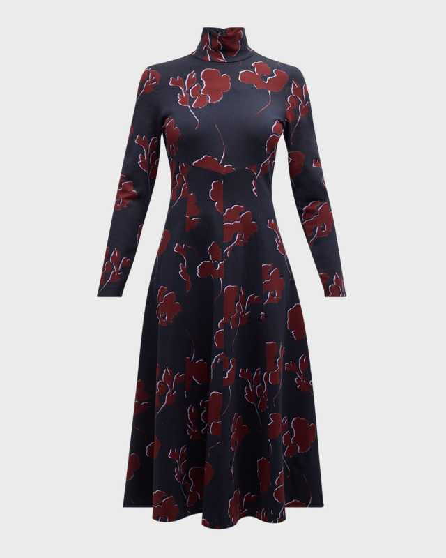 Thea Long-Sleeve Floral Turtleneck Midi Dress