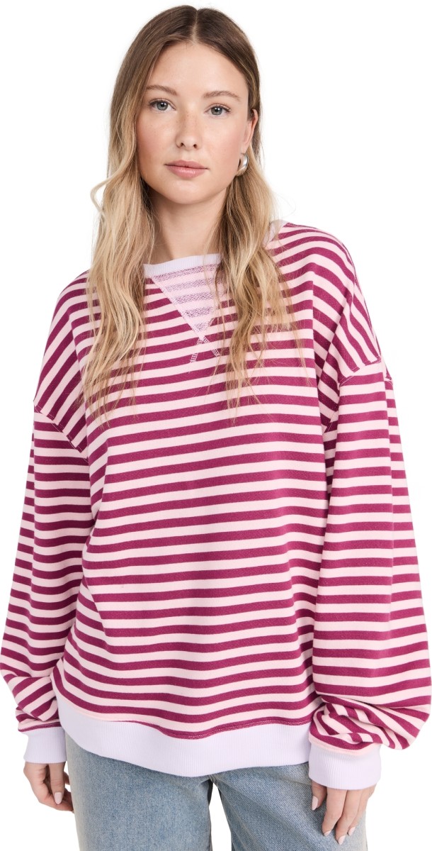 Free People Classic Striped Crew Sweatshirt Raspberry Combo