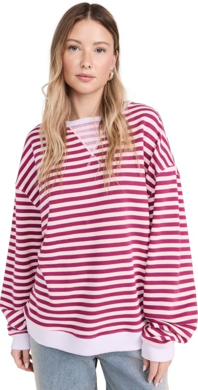 Free People Classic Striped Crew Sweatshirt Raspberry Combo