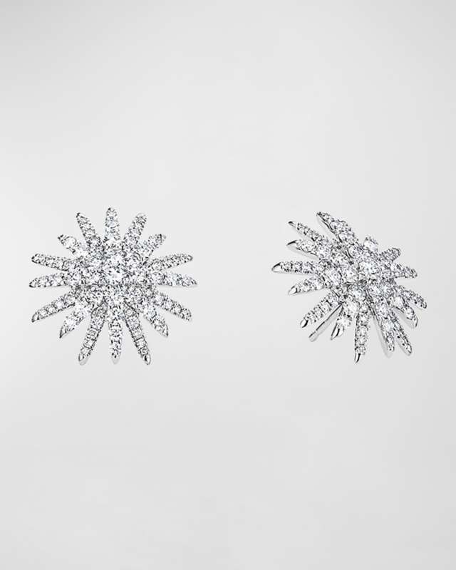 Starburst 18k White Gold Diamond Pave Stud Earrings