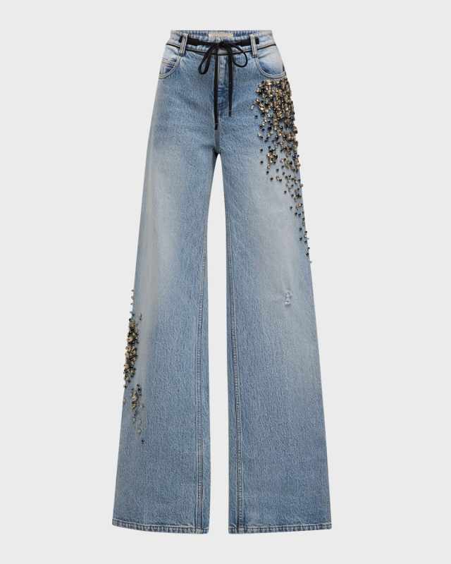 Aki Crystal Straight-Leg Drawstring Jeans