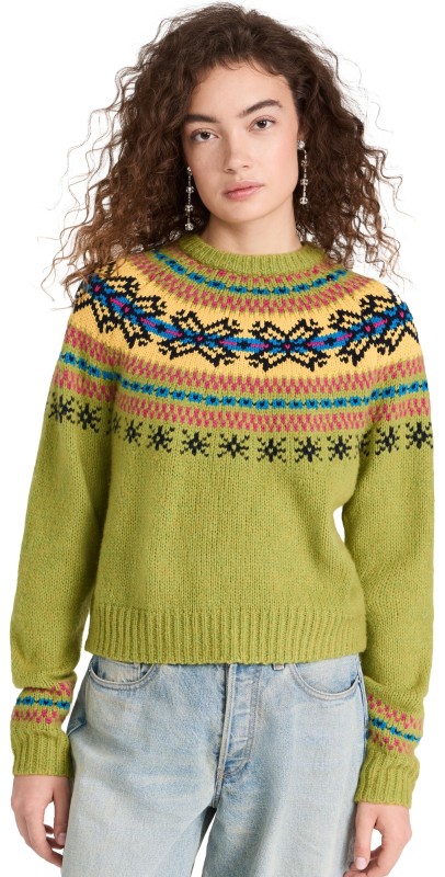 Lingua Franca Nora Snowflake Crewneck Sweater Green Multi