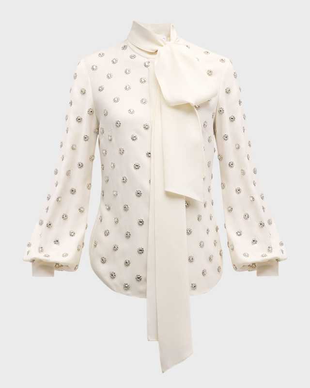 Crystal Embroidered Long-Sleeve Silk Blouse