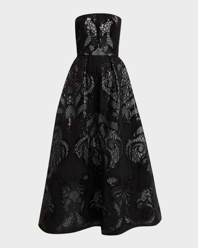 Strapless Sequin Lace Embroidered Tulle Midi Dress