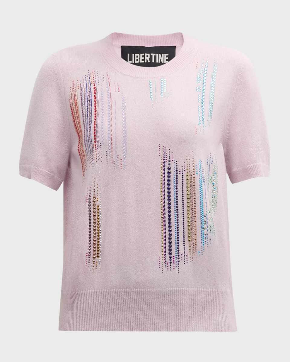 Crystal Embellished Short-Sleeve Cashmere Knit Pullover