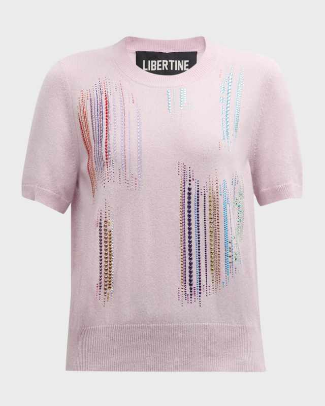 Crystal Embellished Short-Sleeve Cashmere Knit Pullover