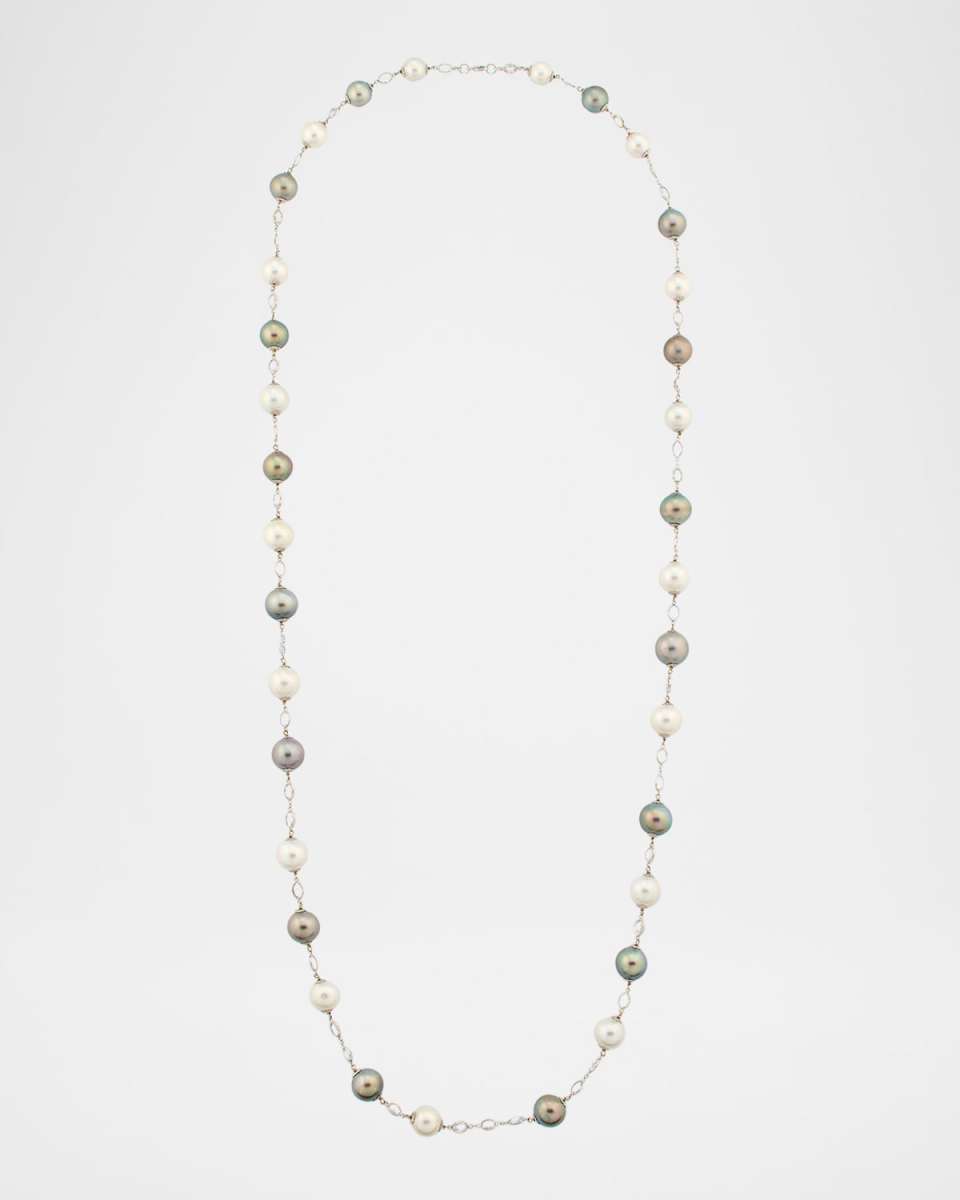 18K White Gold South Sea and Tahitian Pearl Necklace with Sapphires, 42"L