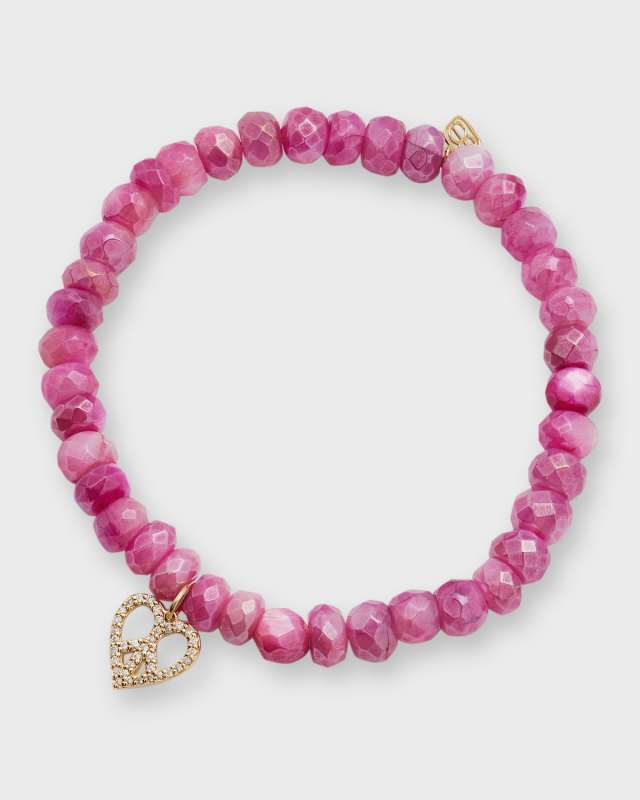 14k Gold Moonstone Beaded Bracelet with Diamond Peace Heart Charm