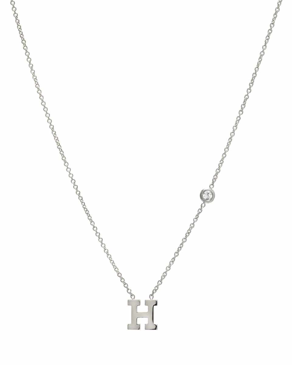 Personalized Initial & Diamond Bezel Necklace in 14K White Gold