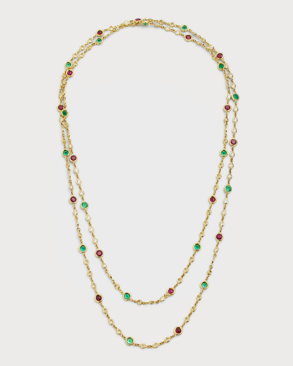 18K Yellow Gold Diamond, Emerald and Ruby Long Necklace, 43"L