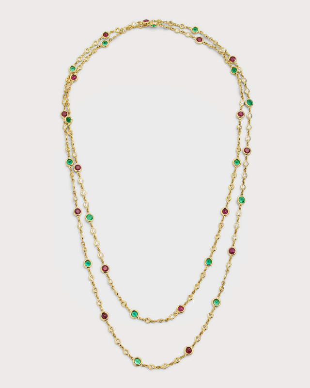 18K Yellow Gold Diamond, Emerald and Ruby Long Necklace, 43"L