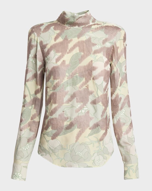 Conis Sequined Turtleneck Long-Sleeve Silk Shirt