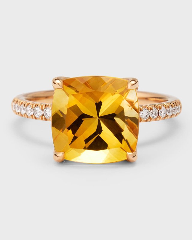 Rocks 18K Rose Gold Cushion Cut Citrine and Pave Diamond Cocktail Ring, Size 6