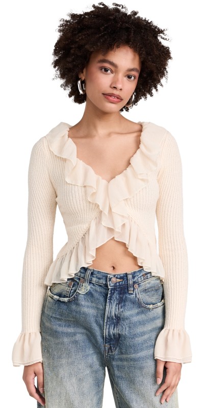 Moon River Long Sleeve Ruffle Trim Top Cream
