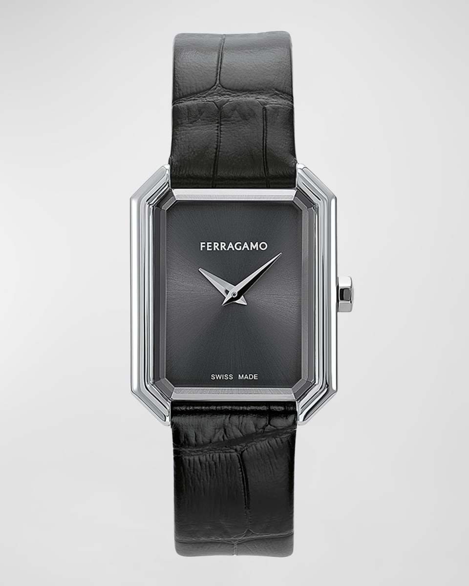 26.5x33.5mm Ferragamo Crystal Watch with Calf Leather Strap, Black