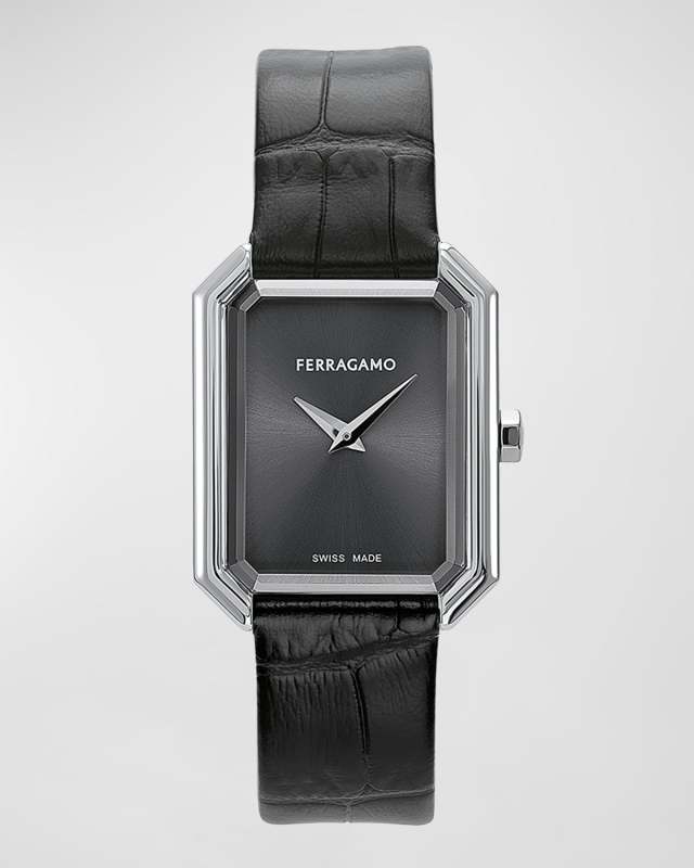 26.5x33.5mm Ferragamo Crystal Watch with Calf Leather Strap, Black
