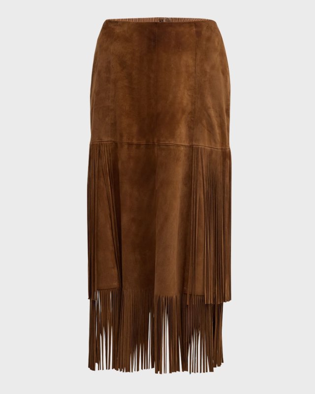 Suede Fringe Midi Skirt