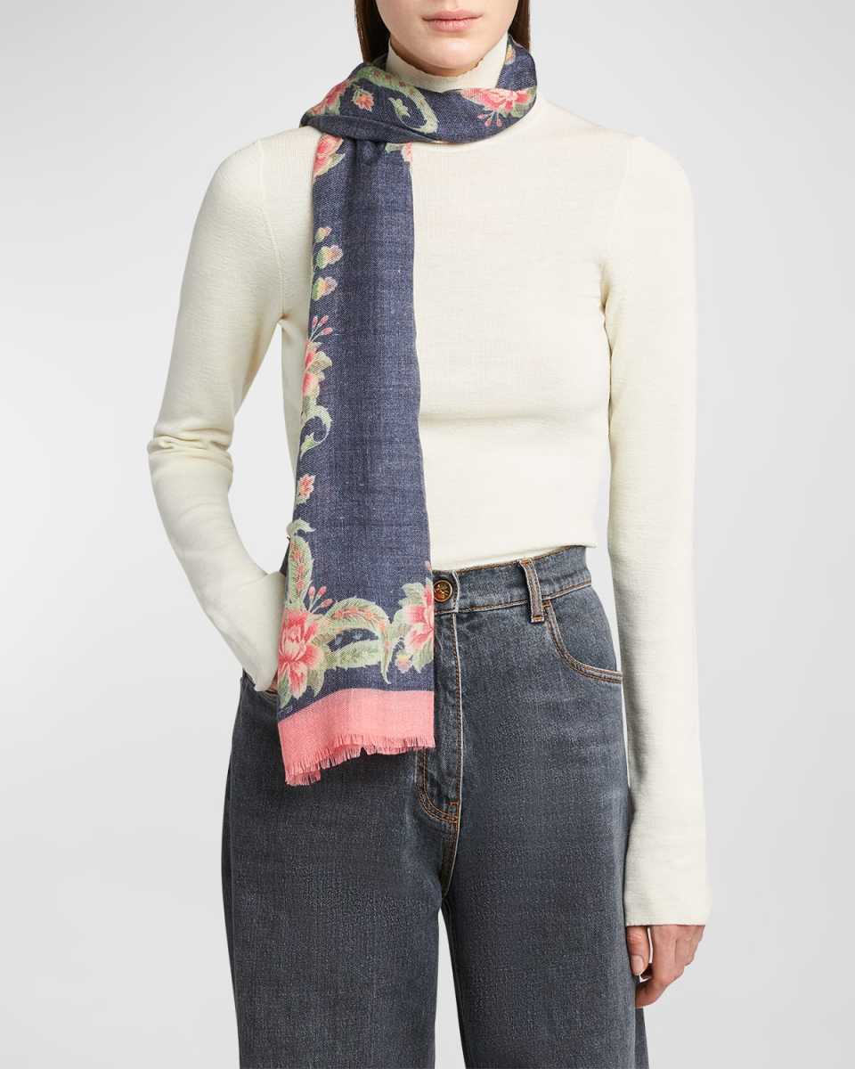 Floral Print Denim Wool-Blend Scarf