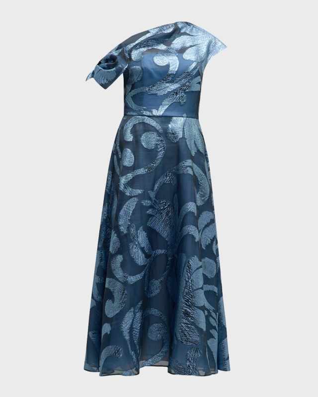 Evelyn One-Shoulder Metallic Brocade Midi Dress