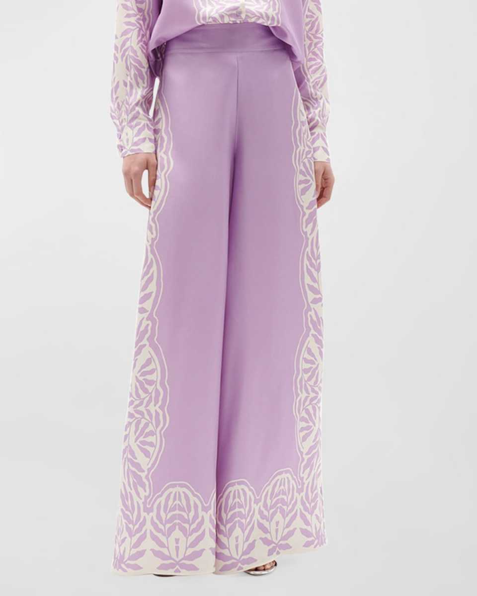Noemie Border-Print Wide-Leg Silk Pants