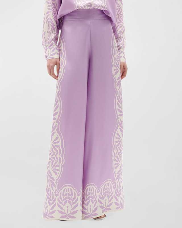 Noemie Border-Print Wide-Leg Silk Pants