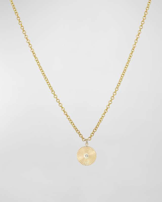 Gold Pleated Disc with Diamond Pendant Necklace