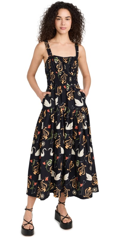 KITRI Isobel Black Cygnus and Lyra Print Midi Dress Black Multi