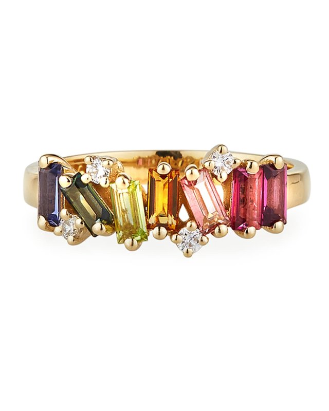 14K Yellow Gold Rainbow Ring w/ Diamonds, Size 6