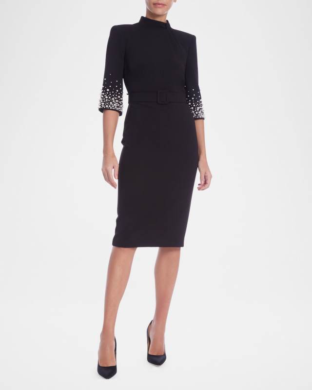 Pearly-Trim Midi Sheath Dress