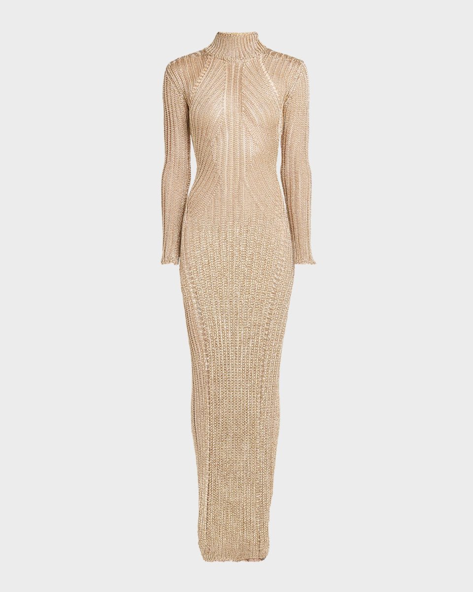Metallic Knit Turtleneck Long-Sleeve Open-Back Maxi Gown