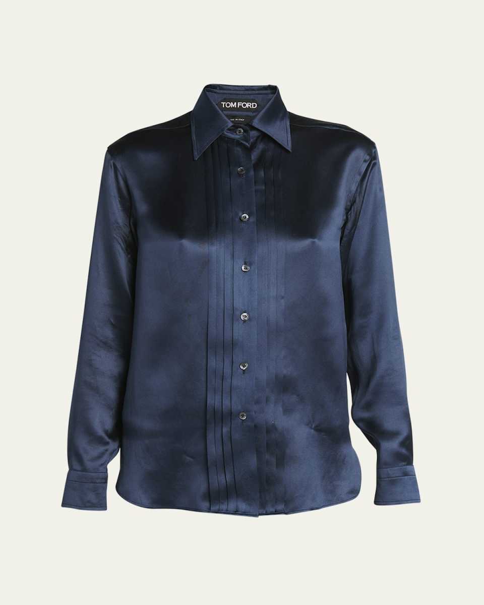 Fluid Charmeuse Pleated Silk Button-Front Blouse